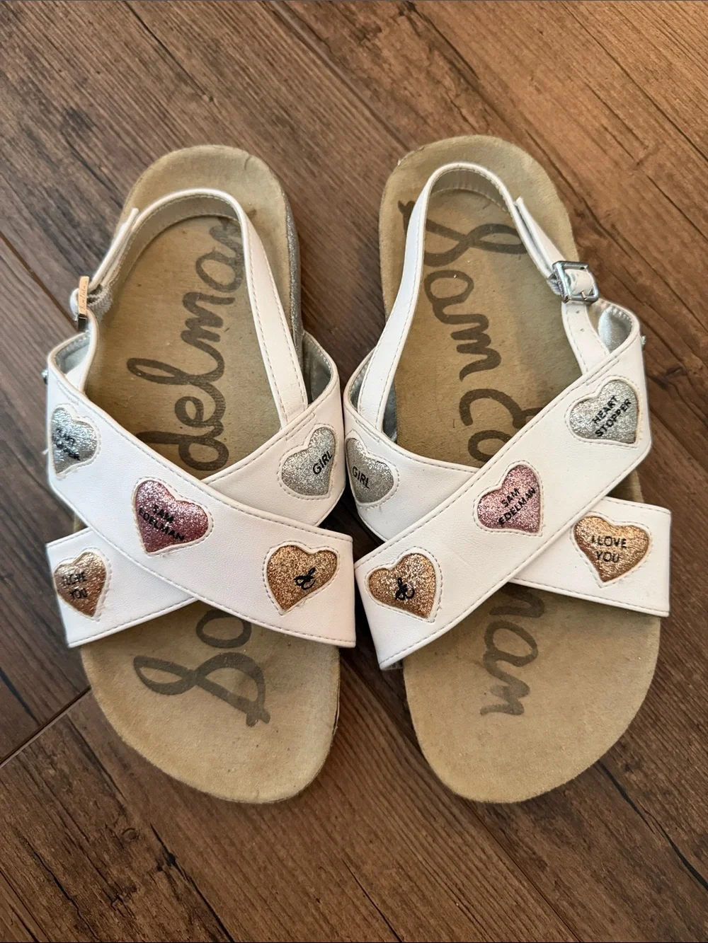 Sam Edelman White Kids' Bethel Kandi Sandals with Metallic Heart Accents